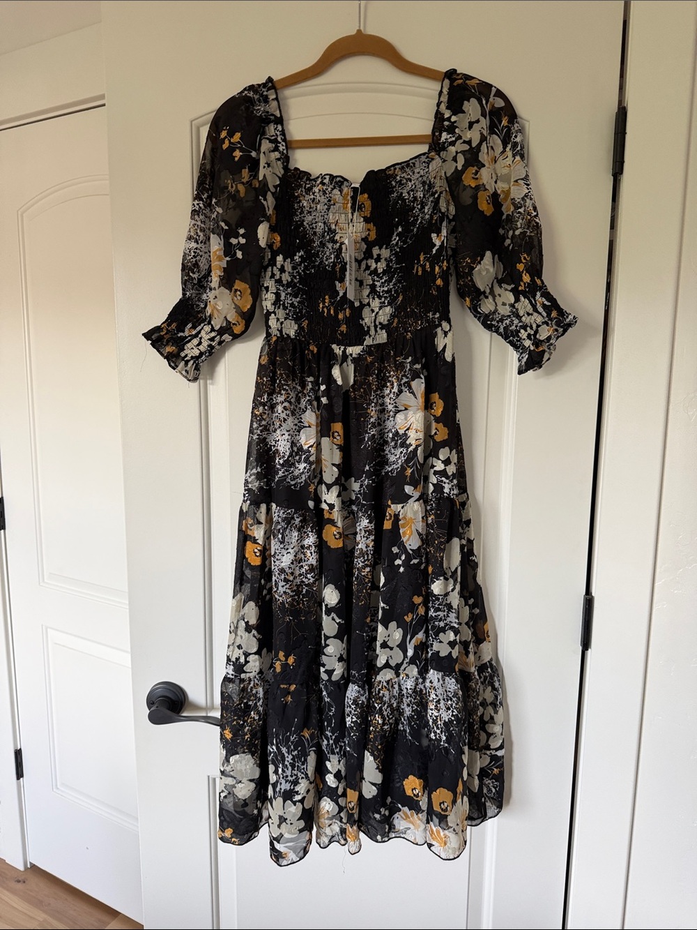 Baltic Born Black Floral Midi Dress with Puff Sleeves